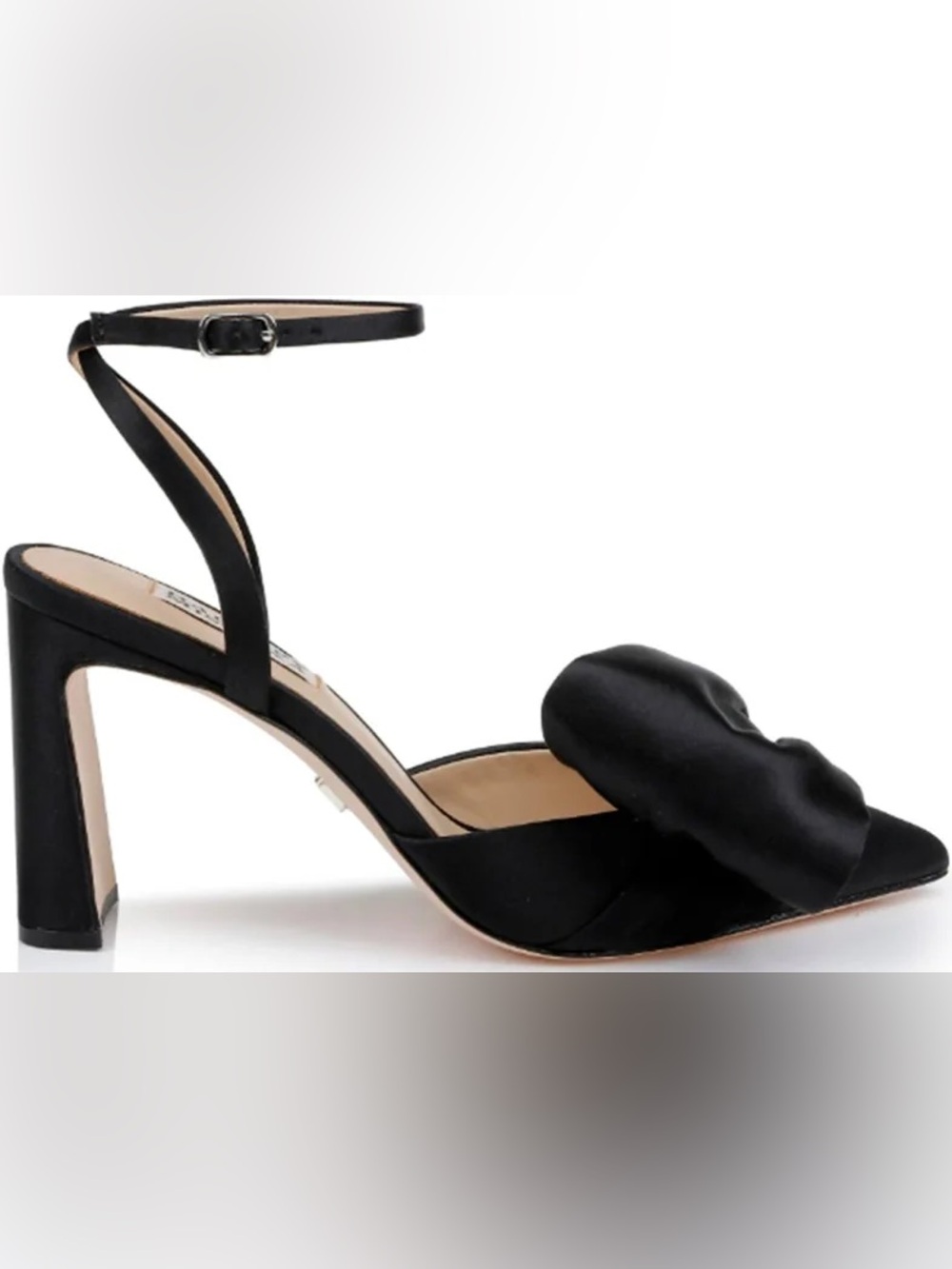 Badgley Mischka Black Satin Knot Pointed Ankle-Strap Block Heel - Picture 3 of 6